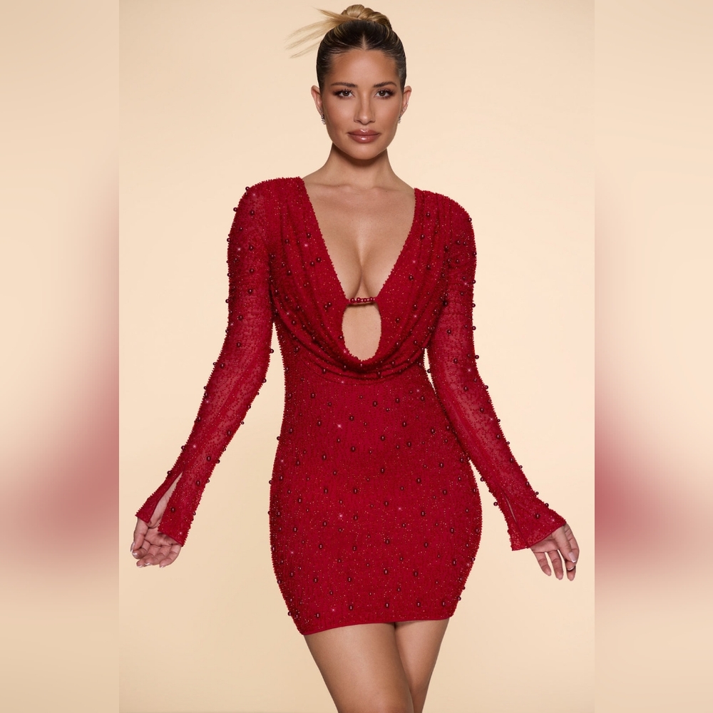 Oh Polly NICE Long Sleeve Deep Plunge Mini Dress in Red